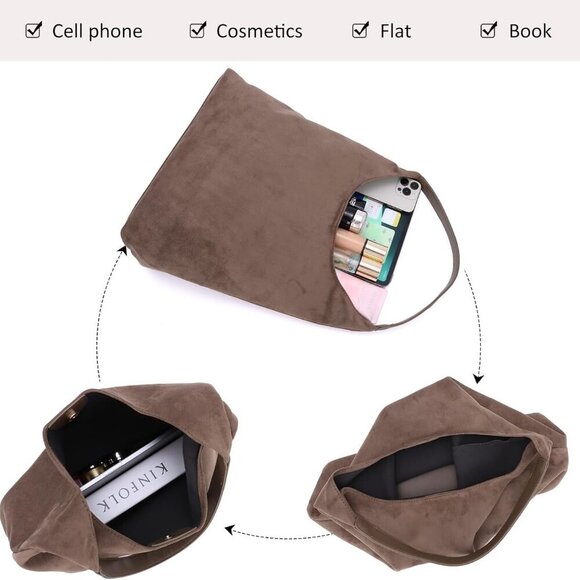 GOTOW Suede Hobo Bags for Women Brown Suede Tote Handbag Retro Suede Slouchy Sho - Picture 4 of 6